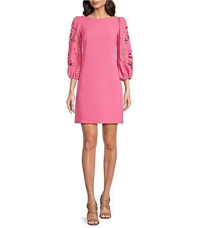 Vince Camuto Boat Neck 34 Laser-Cut Puff Sleeve Stretch Crepe Sheath Dress Product Image