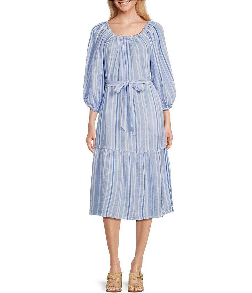 Tommy Bahama Stripe Off-The-Shoulder 3/4 Sleeve Side Pocket Belted Dress Product Image