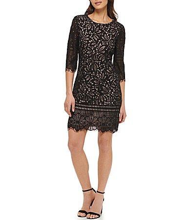 Kensie 34 Illusion Sleeve Contrasting Corded Floral Lace Scalloped Hem Sheath Dress Product Image