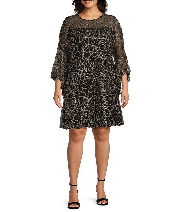 Jessica Howard Plus Size Embellished Mesh Round Neck 3/4 Bell Sleeve Flounce Hem Dress Product Image