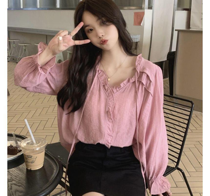 Long-Sleeve Tie-Neck Plain Frill Trim Blouse Product Image