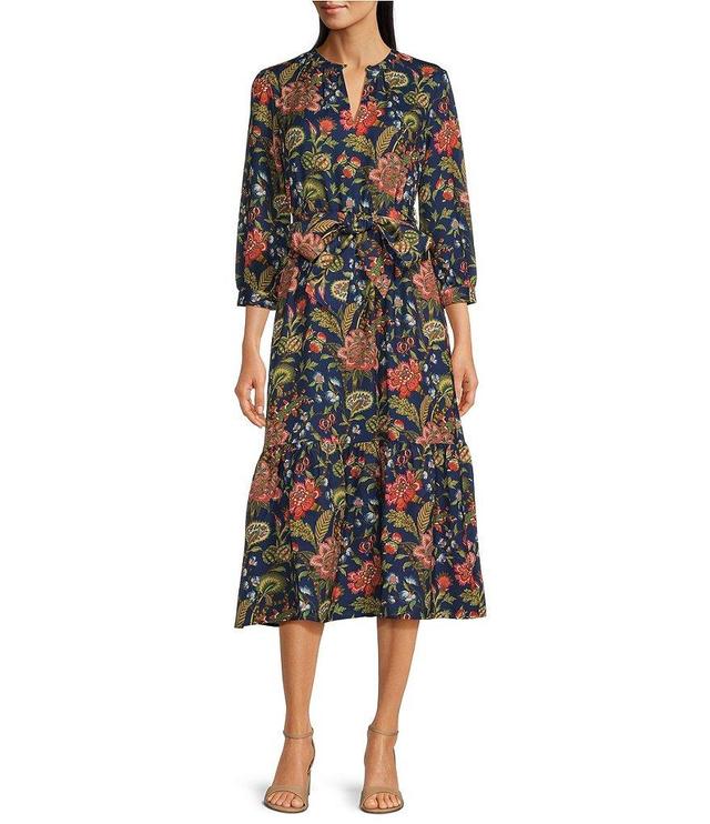 J.McLaughlin Cerina Drapey Poly Crepe Floral Print Split V-Neck Bracelet Sleeve Belted A-Line Dress Product Image