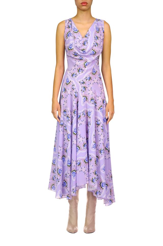 Lavender Floral Silk Cowl Neck Dress With Handkerchief Skirt Product Image