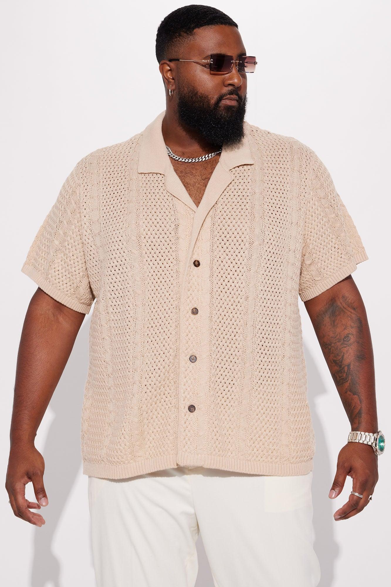 Unwind Cable Knit Short Sleeve Button Up - Oatmeal Product Image