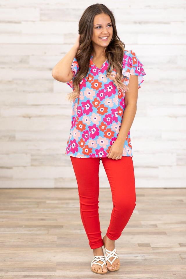 Hot Pink and Cornflower Floral Print Top Product Image