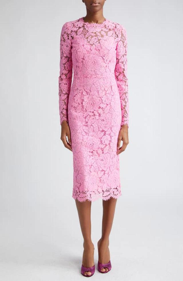 Floral Lace Long-sleeve Midi Dress In Pink & Purple Product Image