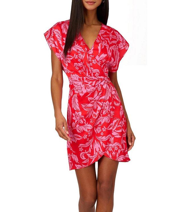 Adrianna by Adrianna Papell Satin Floral Print Surplice V-Neck Short Flutter Sleeve Faux Wrap Mini Dress Product Image