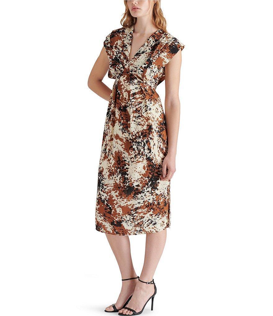 Steve Madden Clarissa Abstract Print V-Neck Short Sleeve Pleated Midi Dress Product Image