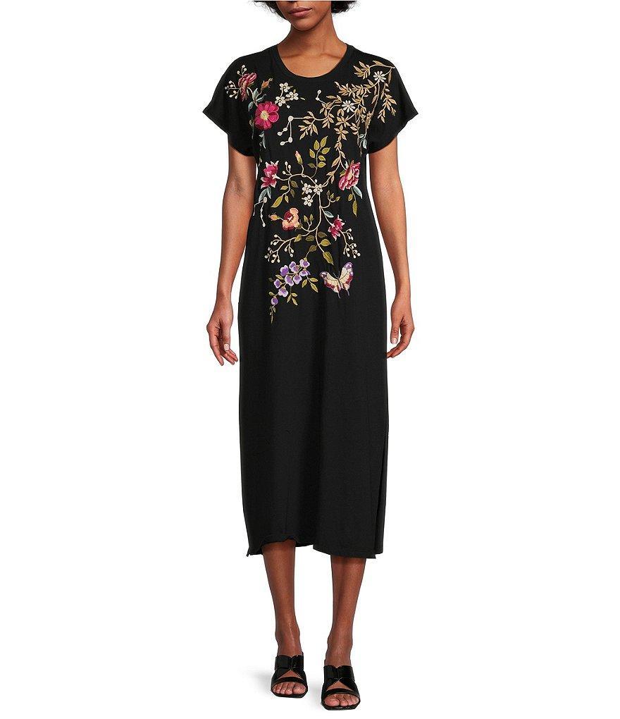 JOHNNY WAS Osaka Cotton Knit Embroidered Placement Floral Motif Short Sleeve Midi Shift Dress Product Image