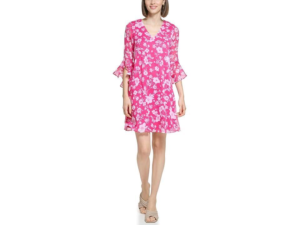 Calvin Klein Chiffon Print Bell Sleeve Dress (Hibiscus White) Women's Dress Product Image