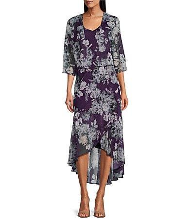 Womens R&M Richards Chiffon Lurex Floral Hi-Low Jacket Dress Product Image