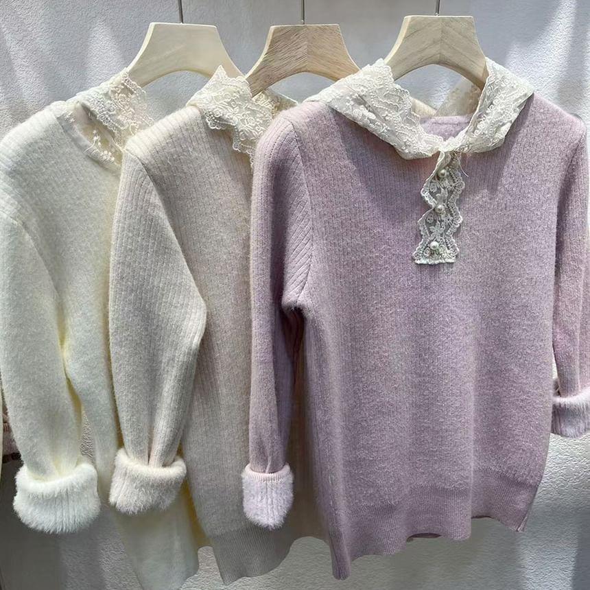 Long-Sleeve Lace Hooded Plain Knit Top Product Image