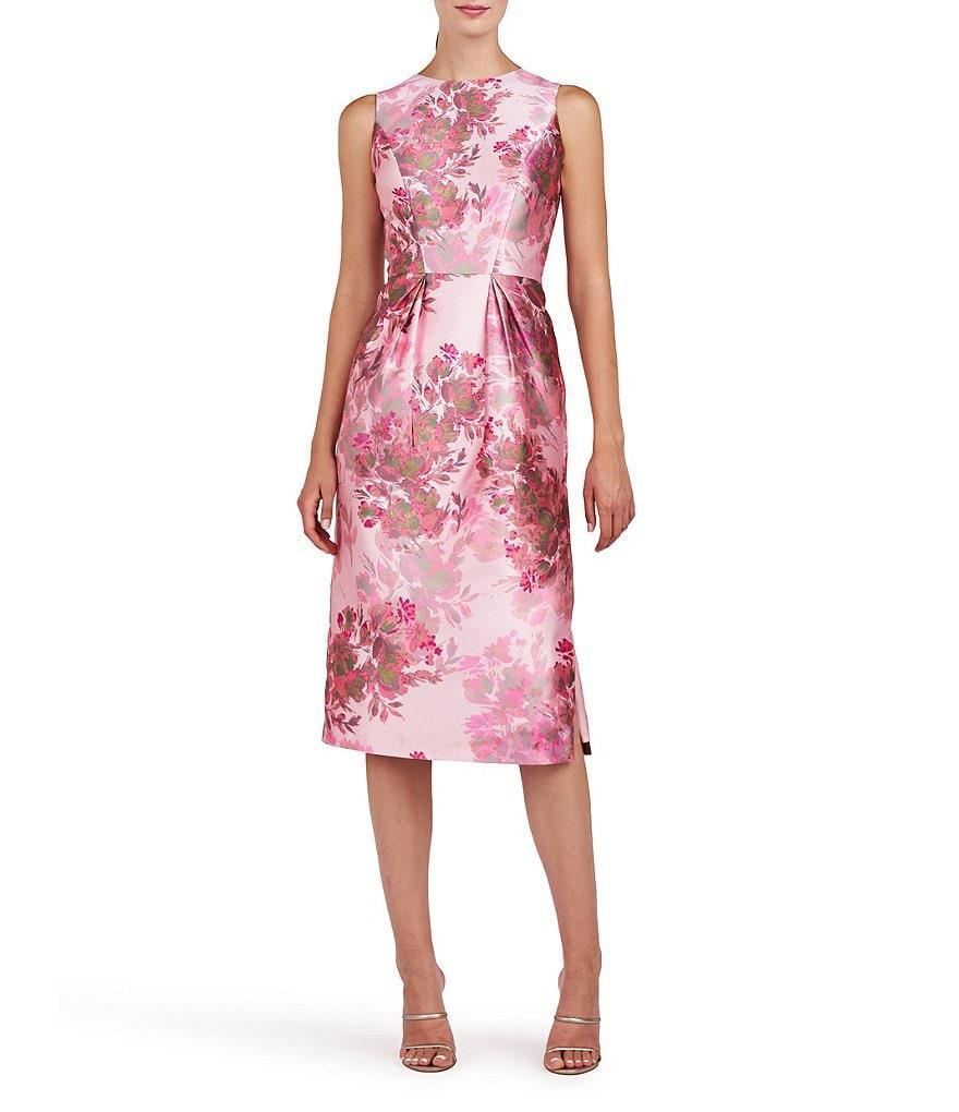 Kay Unger Adriana Mikado Floral Print Jewel Neck Sleeveless Pleated Dress Product Image