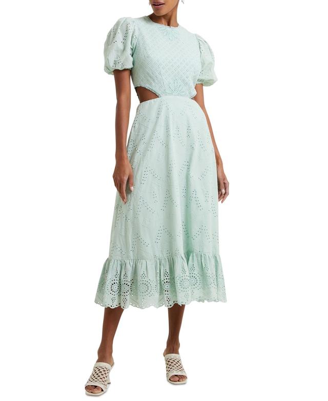 French Connection Womens Esse Eyelet Cutout Puff-Sleeve Cotton Midi Dress Product Image