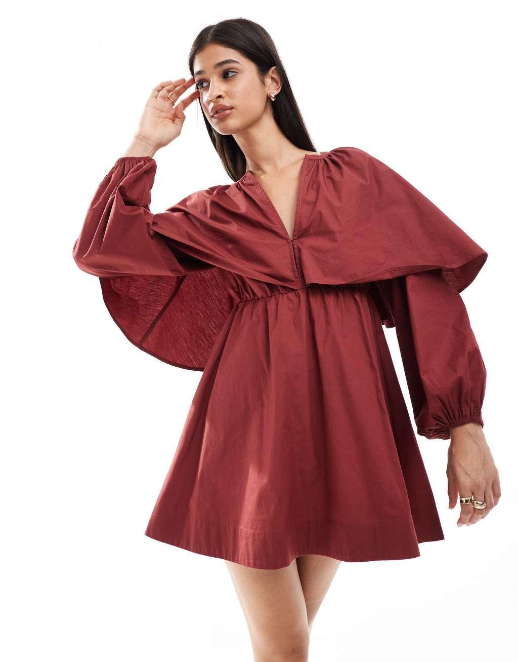 ASOS DESIGN cape detail mini dress in burgundy Product Image