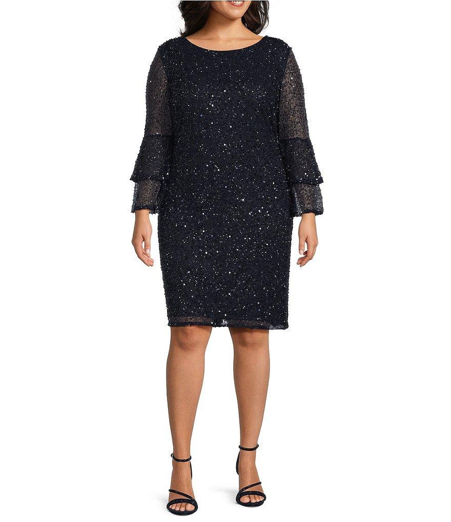 Pisarro Nights Plus Size Long Bell Sleeve Crew Neck Beaded Dress Product Image