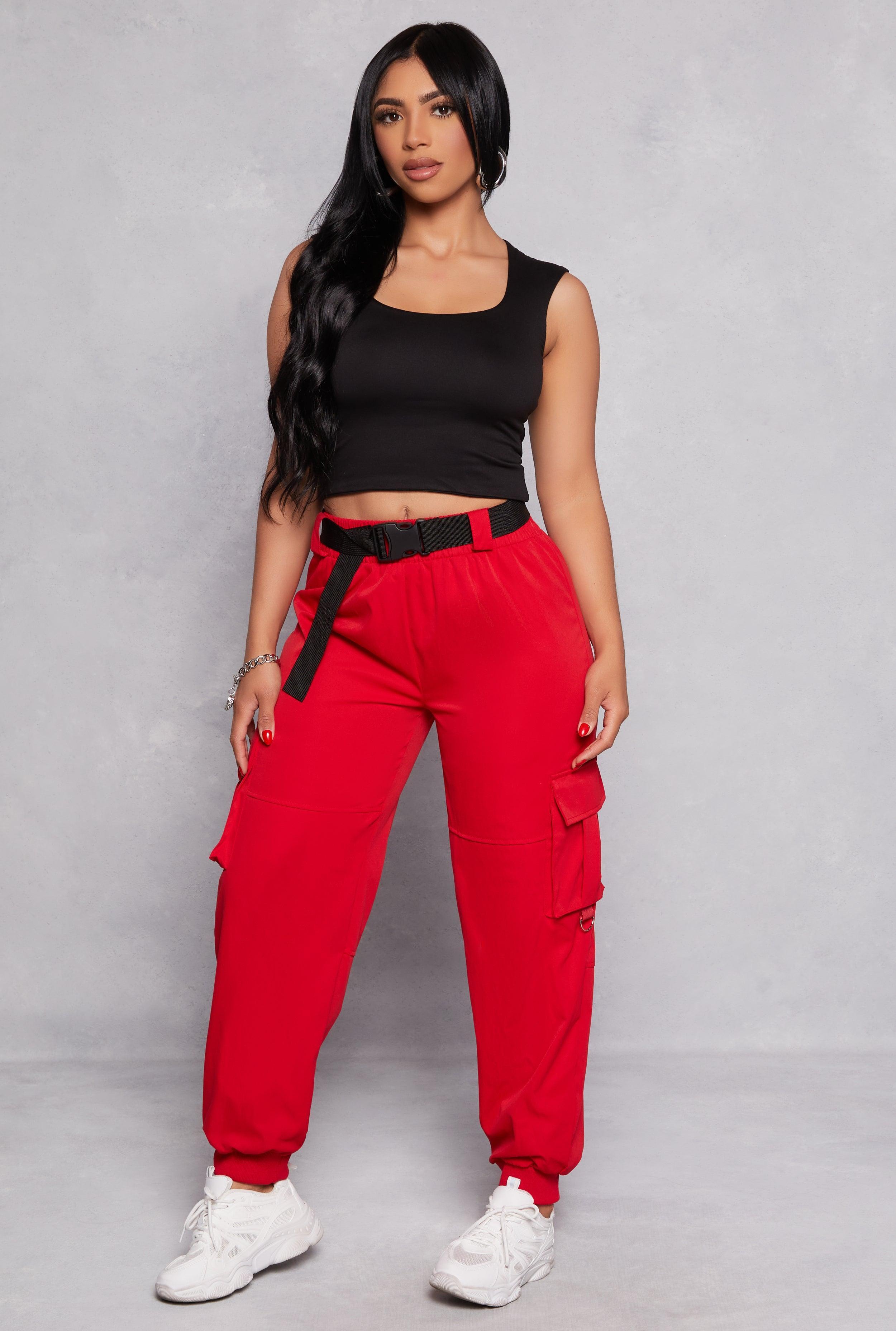 Womens Poplin Buckle Belted Cargo Joggers Product Image