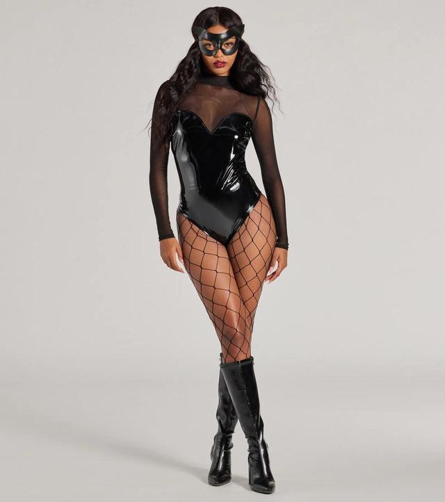 Daring Feline Mesh And Faux Leather Bodysuit Product Image