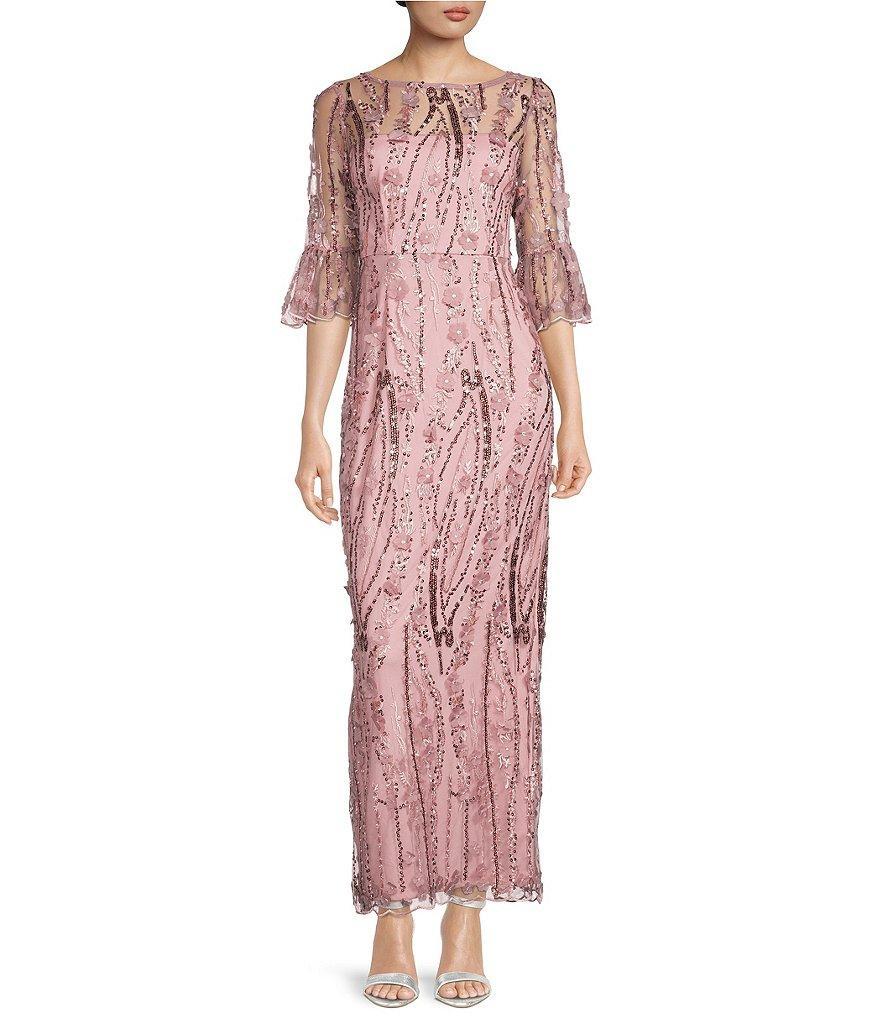 Adrianna Papell 3D Floral Beaded 3/4 Bell Sleeve Boat Neck Sheath Gown Product Image