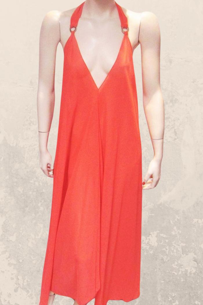 Sheer Halter Style CoverUp-Dress in Solid Red Product Image