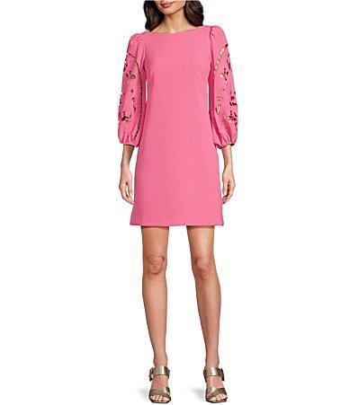 Vince Camuto Boat Neck 34 Laser-Cut Puff Sleeve Stretch Crepe Sheath Dress Product Image