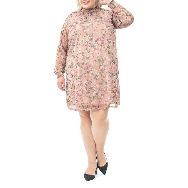 Plus Size Nina Leonard Print Smockneck Float Dress, Womens Pink Team Product Image