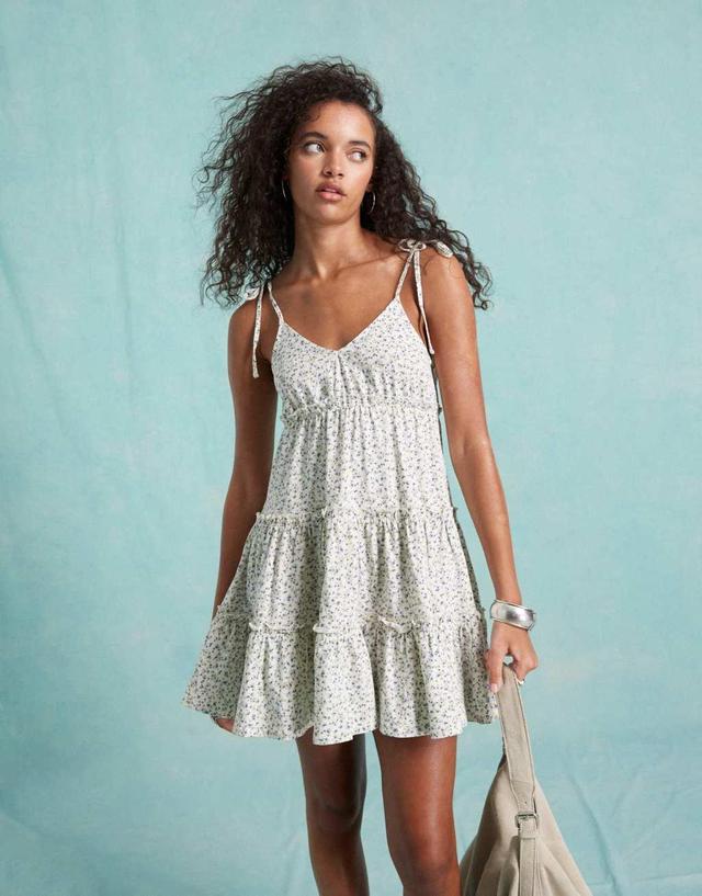 Miss Selfridge tiered mini dress with tie cami straps in white floral print Product Image