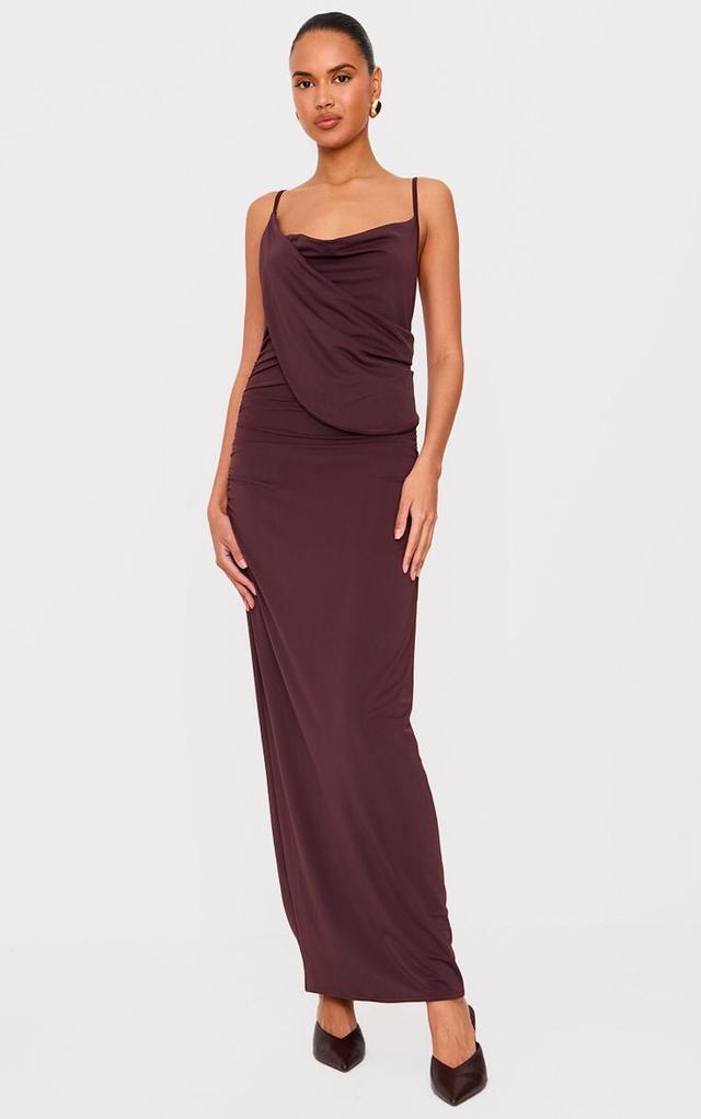 Chocolate Double Layer Slinky Drape Detail Maxi Dress Product Image