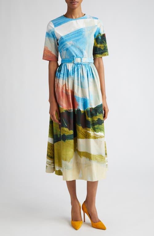 Oscar de la Renta Landscape Print Belted Stretch Cotton Midi Dress Product Image