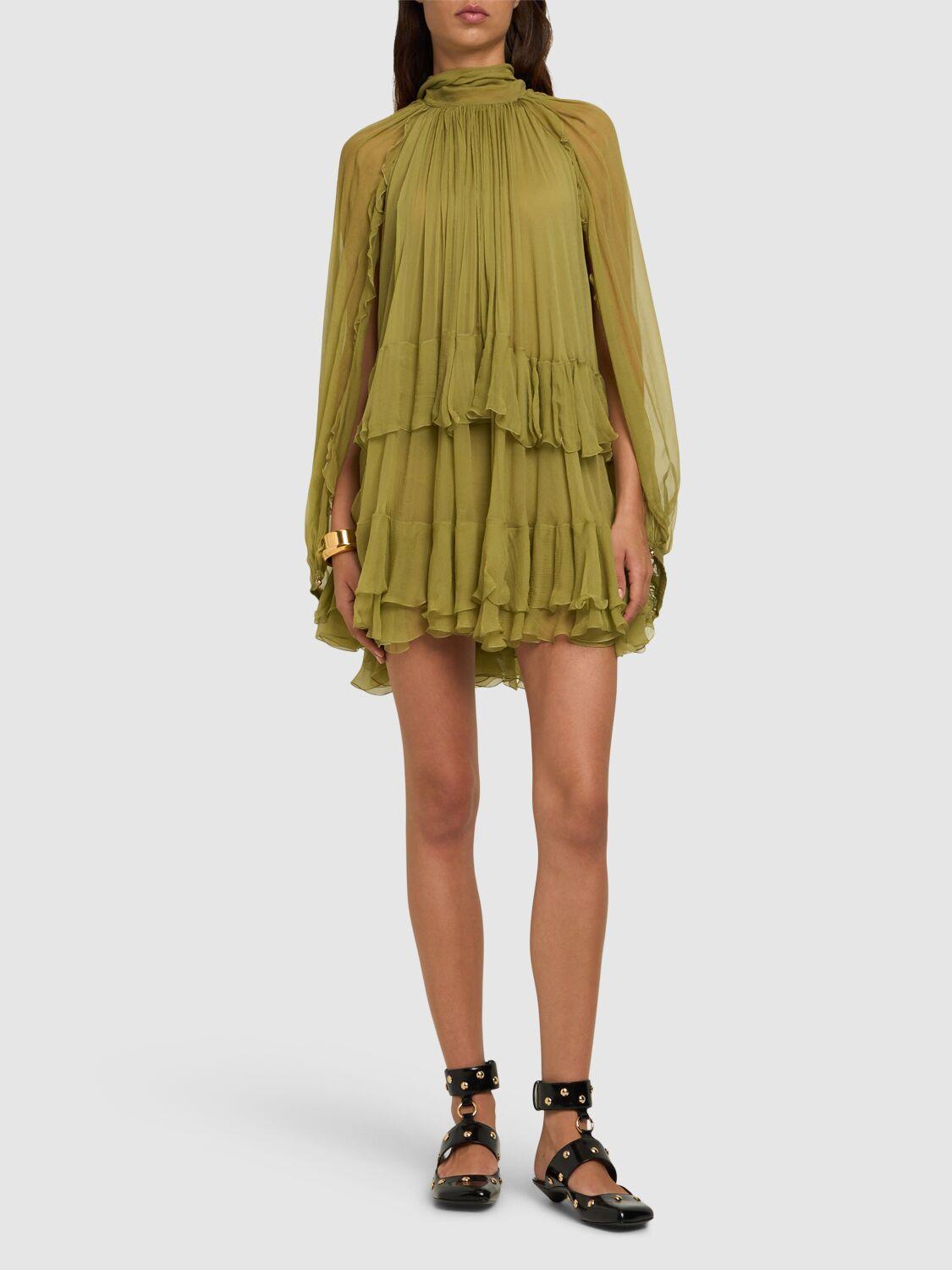 Ruffled Silk Mini Cape Dress In Green Product Image