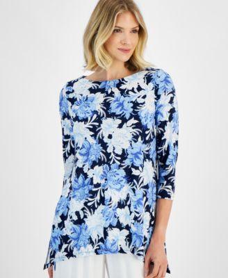 Women's Floral-Print Swing 3/4 Sleeve Top, Created for Macy's Product Image