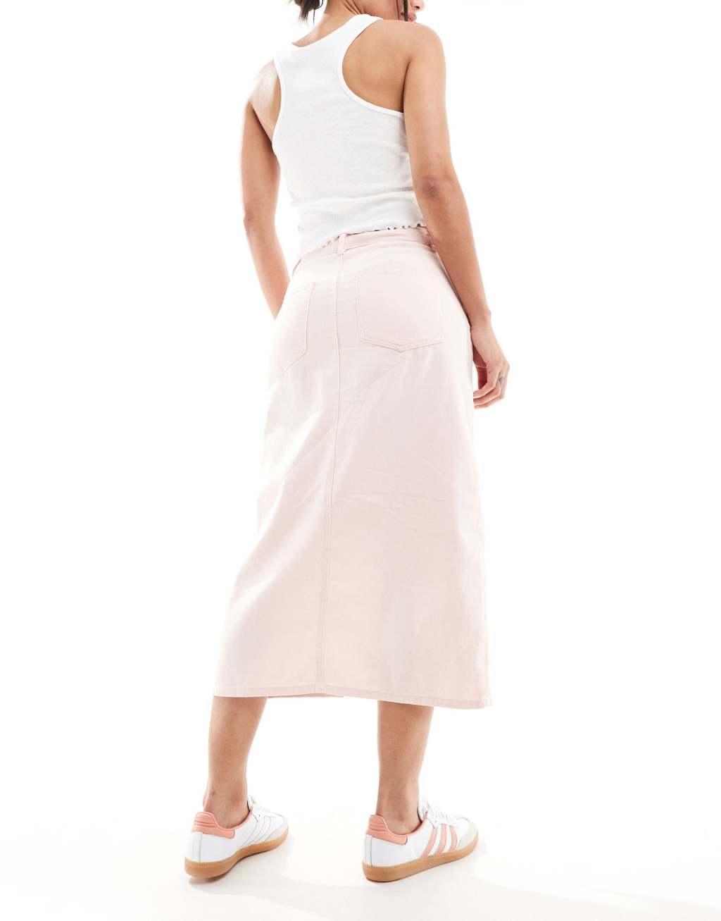 ONLY front slit twill midi skirt in pale pink  Product Image