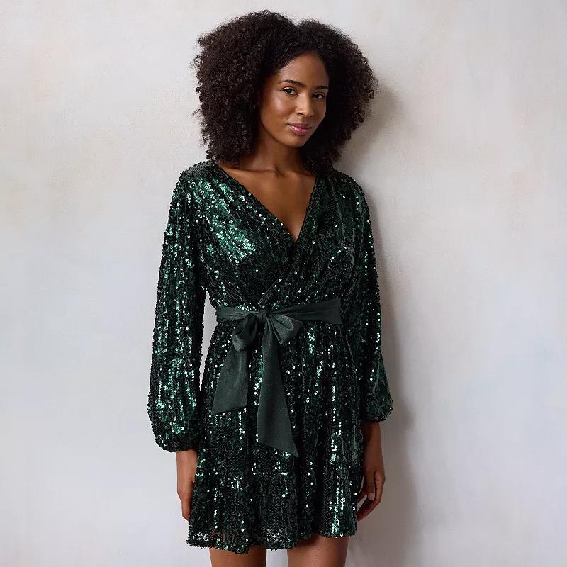 Womens LC Lauren Conrad Sequin Wrap Mini Dress Garland Green Product Image