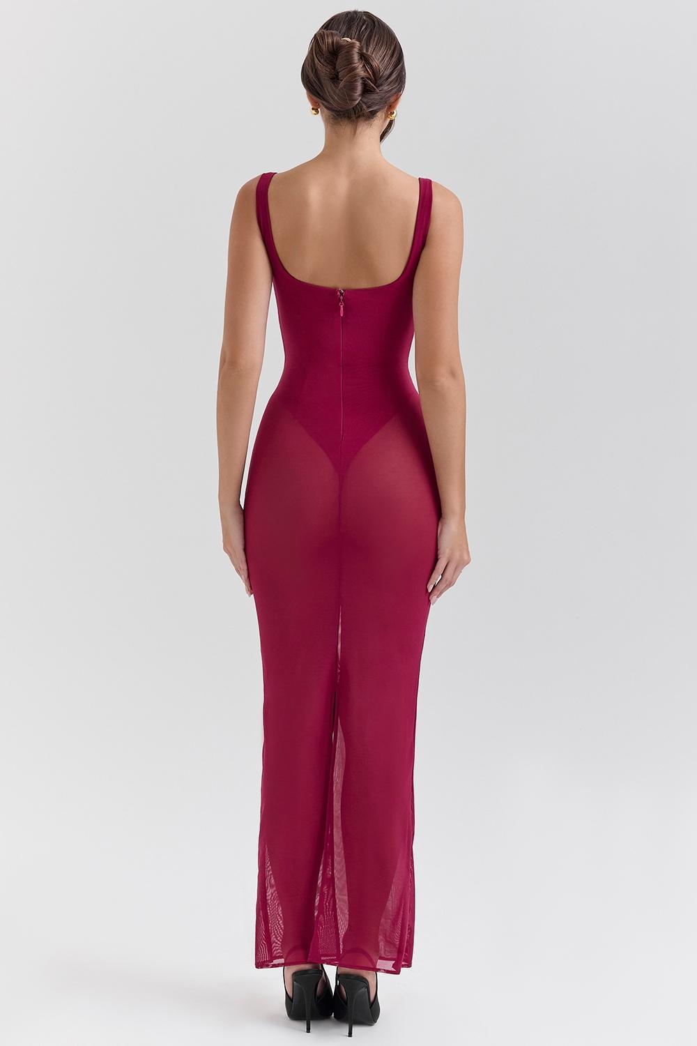 Robina Wine Stretch Mesh Maxi Dress Product Image