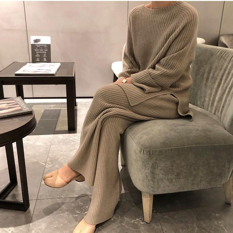 Set: Raglan-Sleeve Round Neck Slit Ribbed Sweater + Wide Leg Knit Pants Product Image