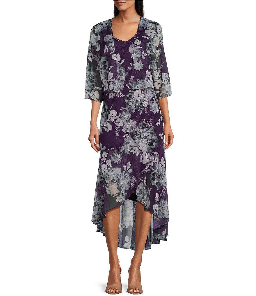 R & M Richards Floral Chiffon 3/4 Sleeve V-Neck Asymmetrical High-Low Hem Midi 2-Piece Jacket Dress Product Image