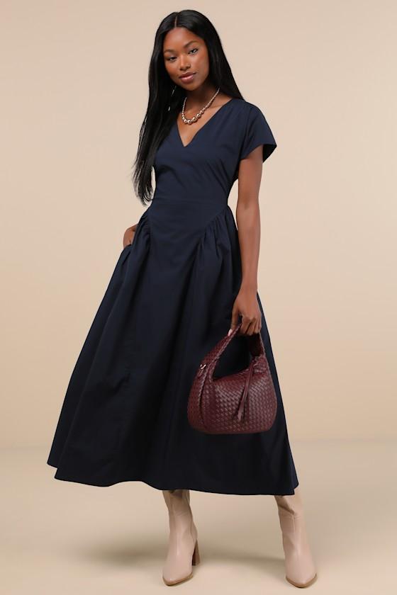 Modern Concept Navy Short Sleeve V-Neck Midi Dress With Pockets Product Image