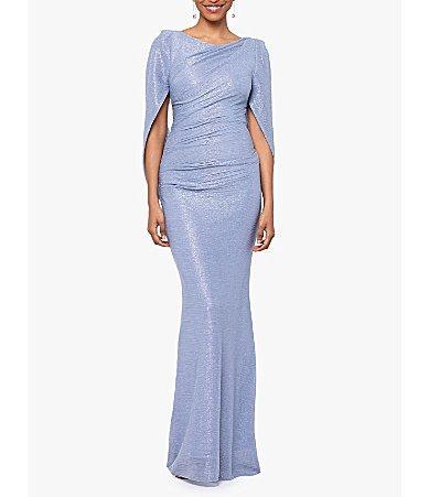 Betsy  Adam Drape Back Detail 34 Cape Sleeve Draped Round Neck Metallic Crinkle Ruched Sheath Gown Product Image