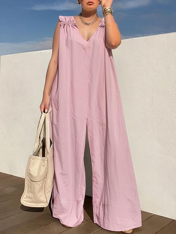 Loose Sleeveless Pleated Solid Color Zipper V-Neck Jumpsuits Product Image