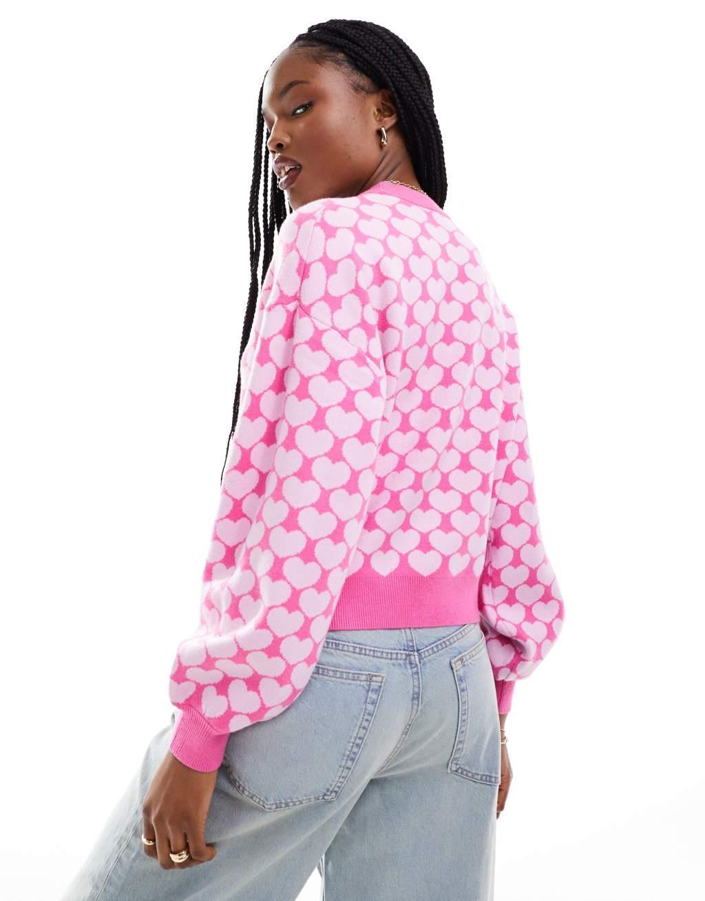 Noisy May heart knitted sweater in pink Product Image