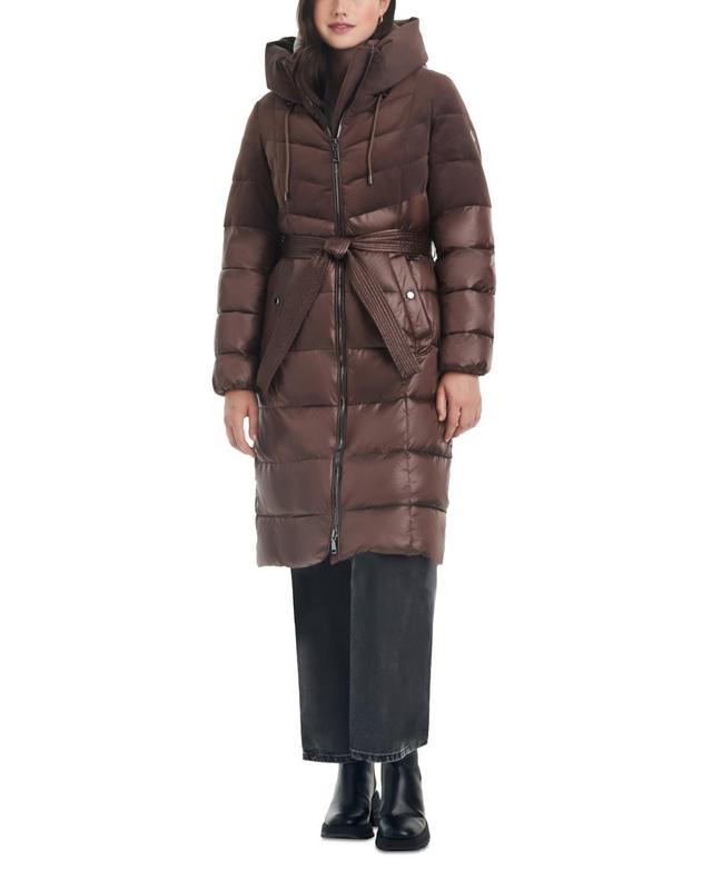 Vince Camuto Womens Velvet Mix Belted Hooded Puffer Coat Product Image