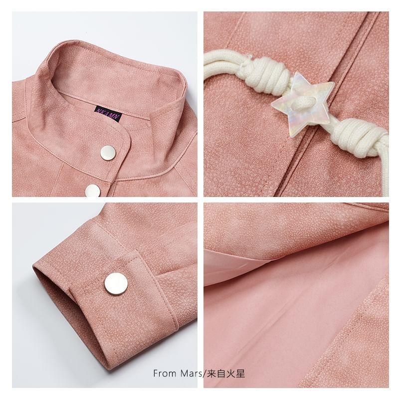 Stand Collar Knot Button Faux Suede Jacket Product Image