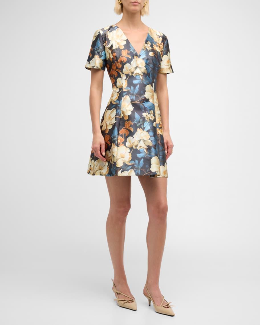 Floral Print V-Neck Mini Silk Dress Product Image