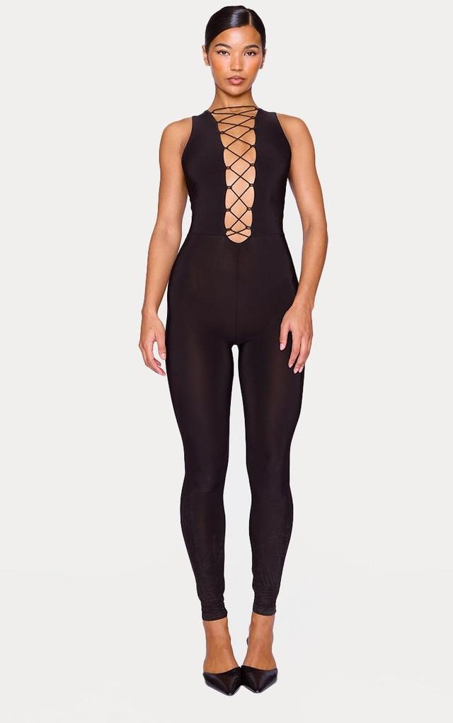 Black Slinky Lace Up Detail Jumpsuit Product Image