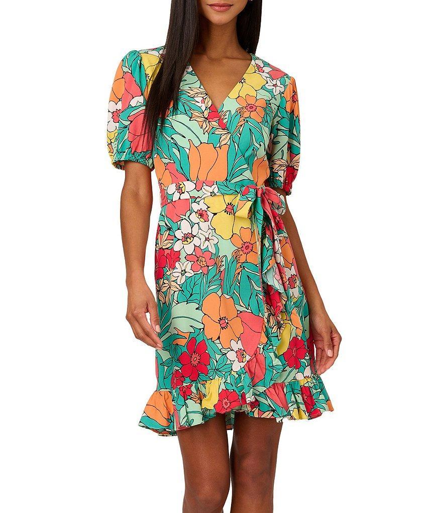 Adrianna by Adrianna Papell Floral Print Surplice V-Neck Short Sleeve Ruffle Hem Wrap Dress Product Image