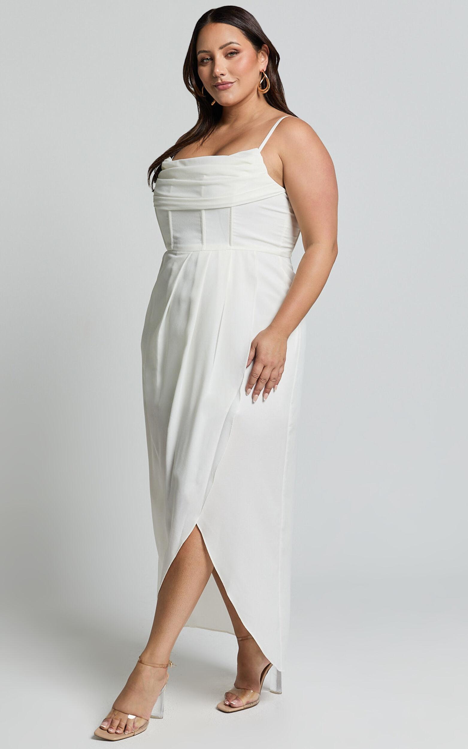 Andrina Midi Dress - High Low Wrap Corset Dress in White Product Image