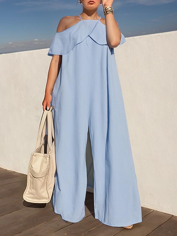 High Waisted Loose Solid Color Zipper Cold Shoulder Jumpsuits Product Image