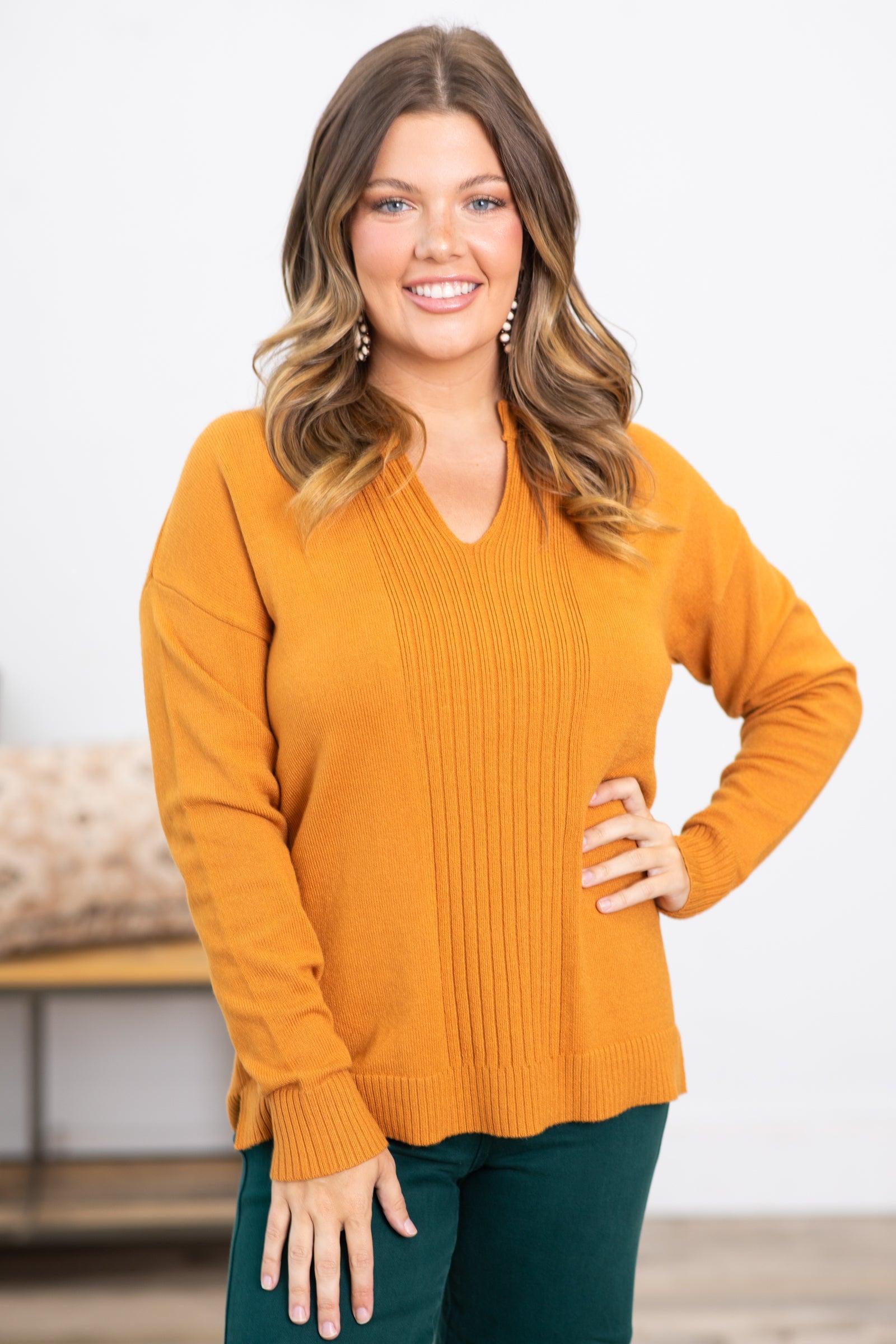 Dark Mustard Notch Neck Center Seam Sweater Product Image