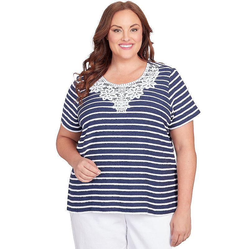 Plus Size Alfred Dunner Lace Neck Striped Split Hem Tee, Womens Grey Grey Product Image