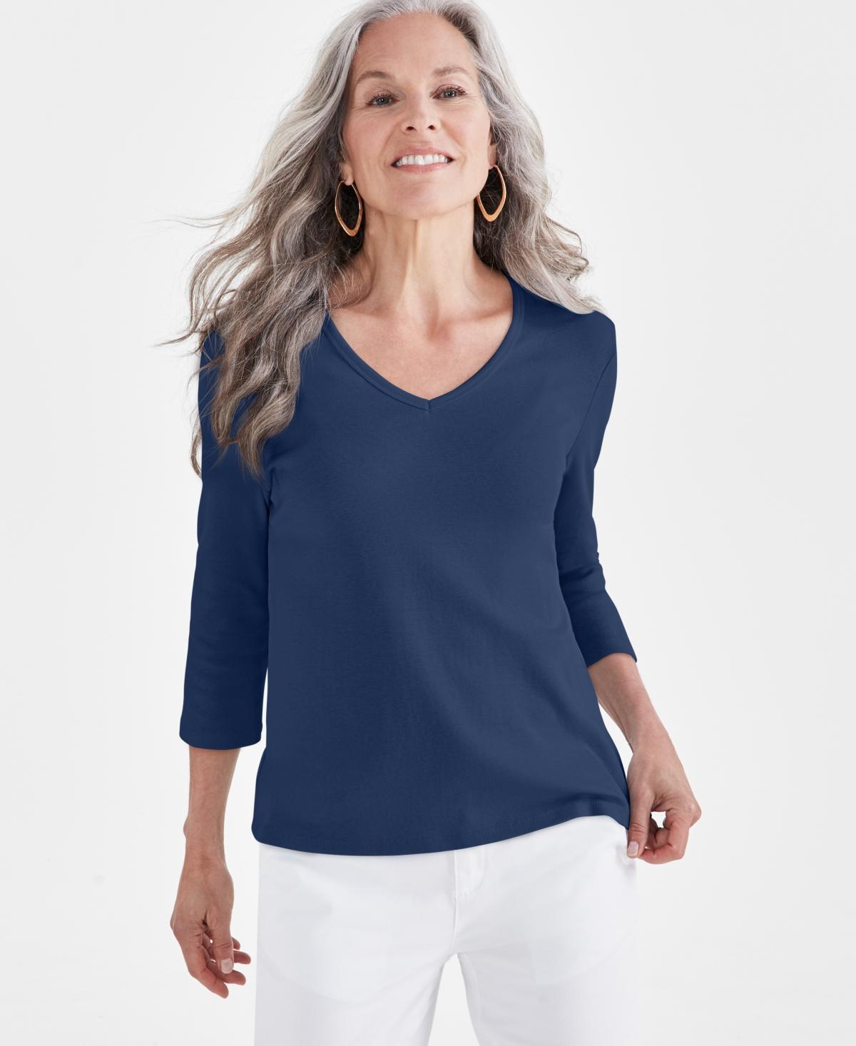 Style & Co Womens Cotton 3/4-Sleeve V-Neck Tee, Created for Macys Product Image